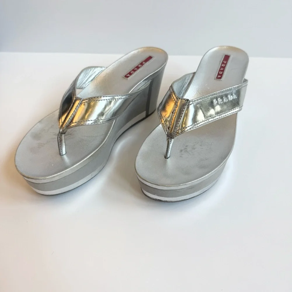 Prada Silver Wedge Sandals Size 36.5 (size 6) - Picture 4 of 10